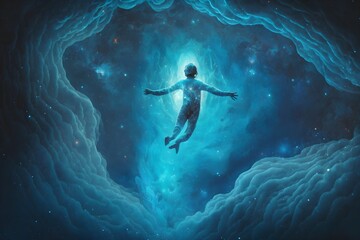 Meditating person Floating in the air in light blue galaxy © MG