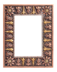 A front view of a metallic photo frame with embossed design. Antique ornamental photo frame on white background.