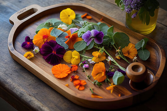 A vibrant bouquet of edible flowers like nasturtiums and calendula, arranged on a rustic wooden tray. Generative AI