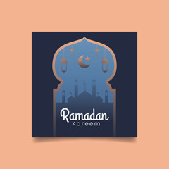 Ramadan Kareem poster design with mosque and lantern lamp