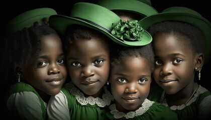 Beautiful Saint Patrick's Day Parade Celebrating Diversity Equity and Inclusion: African American Kids Girls in Festive Green Attire Celebration of Irish Culture and Happiness (generative AI)