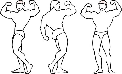 Bodybuilder. Fitness club. Warehouse illustration. Three poses of a bodybuilder. black outline