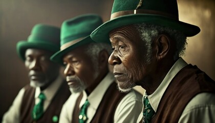 Beautiful Saint Patrick's Day Parade Celebrating Diversity Equity and Inclusion: African American Elderly men in Festive Green Attire Celebration of Irish Culture and Happiness (generative AI)