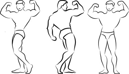Bodybuilder. Fitness club. Warehouse illustration. Black outline with thinning. Three poses of a bodybuilder. Black contour with thinning.