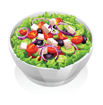 Salad with cheese and fresh vegetables vector illustration. Greek salad