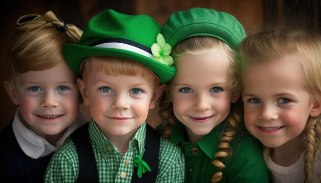 Beautiful Saint Patrick's Day Parade Celebrating Diversity Equity and Inclusion: Caucasian Kids Boys and Girls in Festive Green Attire Celebration of Irish Culture and Happiness (generative AI)