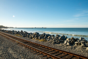 San Clemente pier landscape of beach with train tracks  - obrazy, fototapety, plakaty
