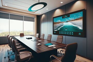 Futuristic Conference Room: A modern conference room equipped with the latest technology for business presentations and video conferencing. Generative AI