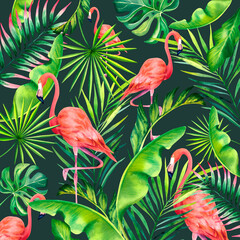 A tropical composition of palm branches and pink flamingos. Watercolor illustration. Flamingos. Monstera. Banana leaves.