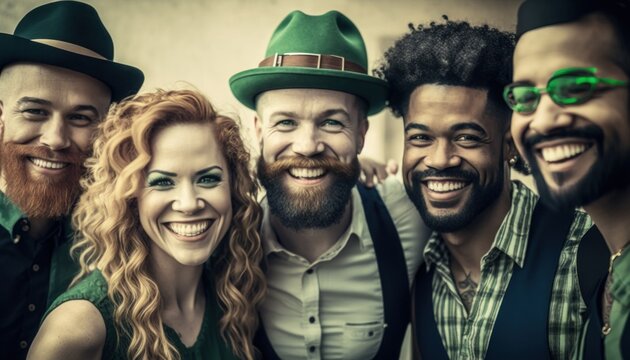 Beautiful Saint Patrick's Day Parade Celebrating Diversity Equity And Inclusion: Multiracial Men And Women In Festive Green Attire Celebration Of Irish Culture And Happiness (generative AI)