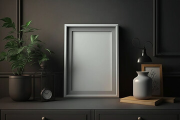 Naklejka na ściany i meble Mockup Frame On Cabinet In Living Room Interior On Empty Dark Wall Background. 3D Rendering