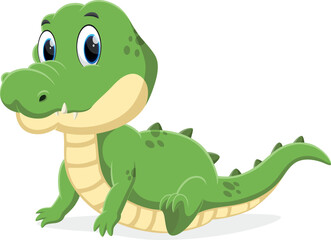 Cartoon cute baby crocodile sitting on white background