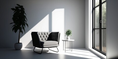 Modern minimalist architectural interior with plants and sunlight streaming in. generative ai.