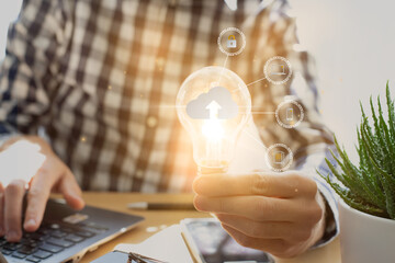 Hand holding Light bulb Global Internet connection. Business global internet connection application technology and digital marketing Financial and banking Digital link tech big data.