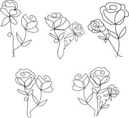 Isolated rose flower line art with leaves