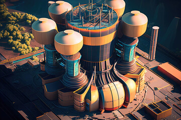 A thermonuclear power plant for fusion power generation that powers an imaginary super-future city. Generative Ai - obrazy, fototapety, plakaty