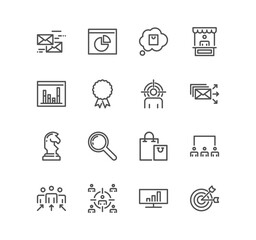 Set of marketing related icons, mail marketing, target audience, keywording, product presentation and linear variety vectors.