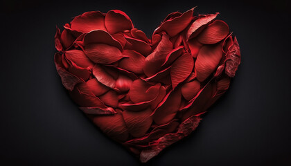A red heart of rose petals on a dark background