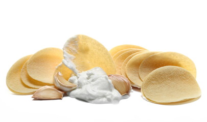 chips sour cream and garlic isolated on white