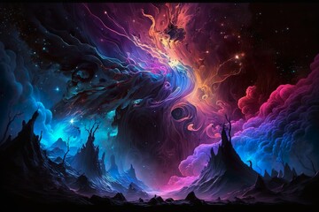 Otherworldly blacklight fantasy blending space and color into a dreamlike landscape.