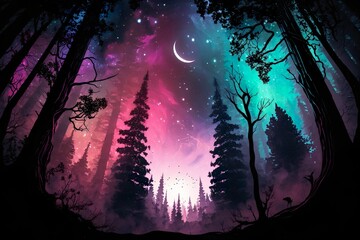 A dreamy pastel drawing of a mythical forest in space, surrounded by nebulas and galaxies.
