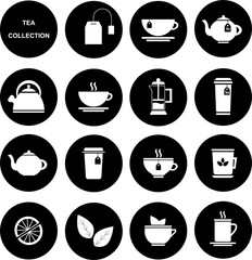 Collection of round icons on the theme of tea. White icons on a black background.