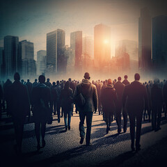 Crowd of different people walking towards of the city with skyscrapers as sun sets, illustration, Generative AI, AI