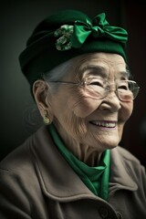 Beautiful Saint Patrick's Day Parade Celebrating Diversity Equity and Inclusion: Asian Elderly Woman in Festive Green Attire Celebration of Irish Culture and Happiness (generative AI)