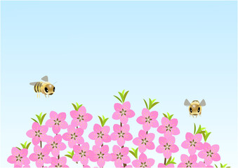 Fototapeta premium Blooming peach tree crown and bees