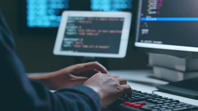 Closeup hand of developer programmer, software engineer, IT support, typing on computer keyboard