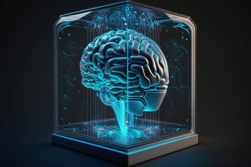 Projection Of Human Brain In Glass Cube. 3D Illustration. AI Generated.