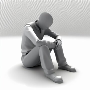 A Depressed Lonely Guy Isolated On White Background, 3d Rendering, No Face.