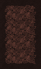 Cocoa line ornament. Chocolate pack design. Rectangular vertical background. Beans and branches leaves. Editable outline stroke. Vector line.
