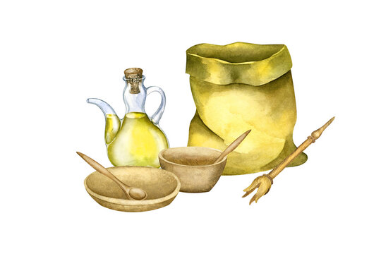 Hand drawn watercolor, oil in a jug. Olive oil natural wooden pasuda. Separate elements for the design of postcards, packaging, fabric and paper.