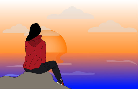 girl sitting and watching the sunset at the sea after exercise