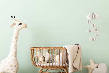 Nursery mockup in boho style with toys plush,3d rendering © MockupsShop