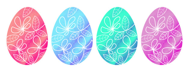 Watercolor Easter eggs with decoration. Hand drawn, vector illustration.