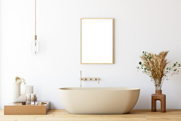 Fototapeta na wymiar Bathroom frame mockup in boho style, 3d rendering