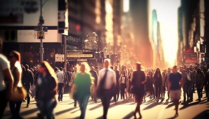 Crowd of people walking in the street, fast moving with blur, generative ai