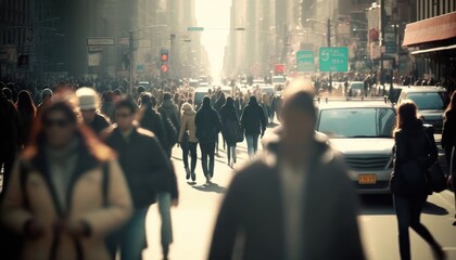 Crowd of people walking in the street, fast moving with blur, generative ai