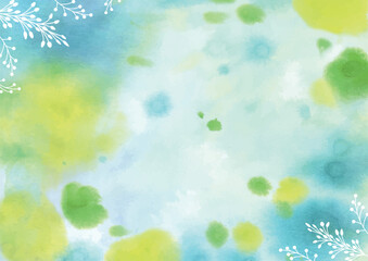 Fototapeta na wymiar 青と黄色のにじんだ円に植物を添えた水彩背景