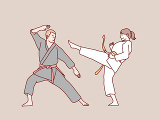 Obraz premium Man woman practice karate red belt training sparring partner simple korean style illustration
