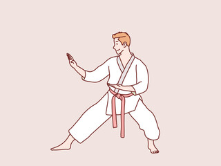 Man practice karate red belt stance ready to training simple korean style illustration