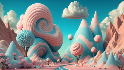 fantasy landscape made from candy in pink and blue, created with generative ai