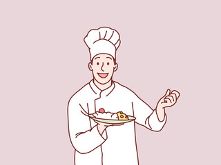 cheerful exited Chef Serving Food Happy Cook Man Holding Plate simple korean style illustration