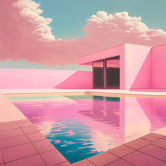 pink and blue house with pool in modern architecture style, created with generative ai - obrazy, fototapety, plakaty