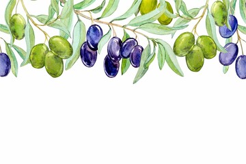 Watercolor postcard with olive branch and berries. Mediterranean plant on a white background. Floral and botanical illustrations for packaging and label design.