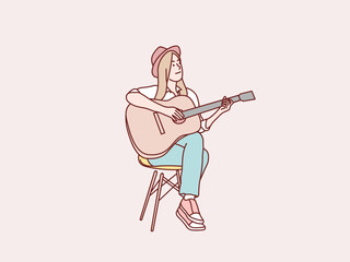 Woman with hat sit on chair playing guitar simple korean style illustration