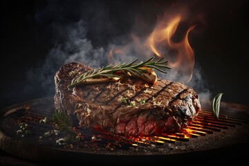 Fresh and juicy smoked beef on the old board. AI technology generated image
