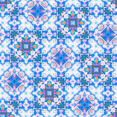 Washed Red Blue blur white vibrant watercolor batik azulejos tile background. Seamless coastal linen effect geometric mosaic effect. Boho Patchwork nautical masculine all over summer fashion repeat.